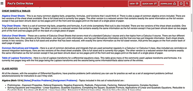 Paul's Online Math Notes Website Screen shot