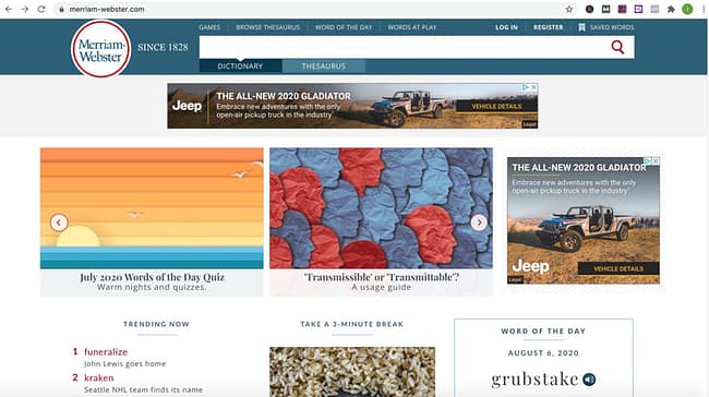 Merriam Webster Website Screen shot