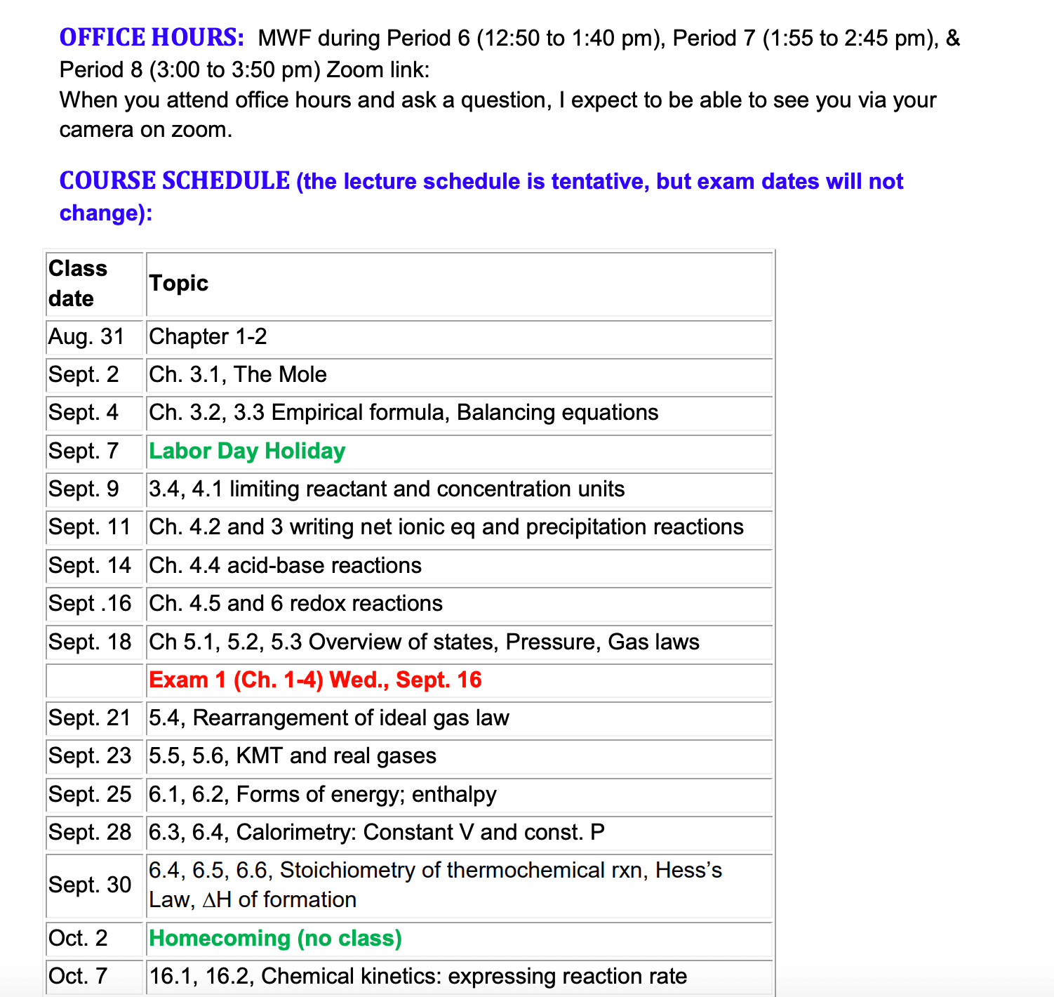 Syllabus key dates