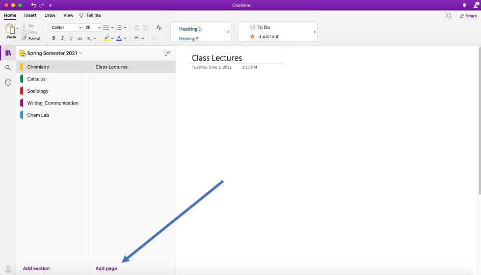 Add a page to OneNote notebook